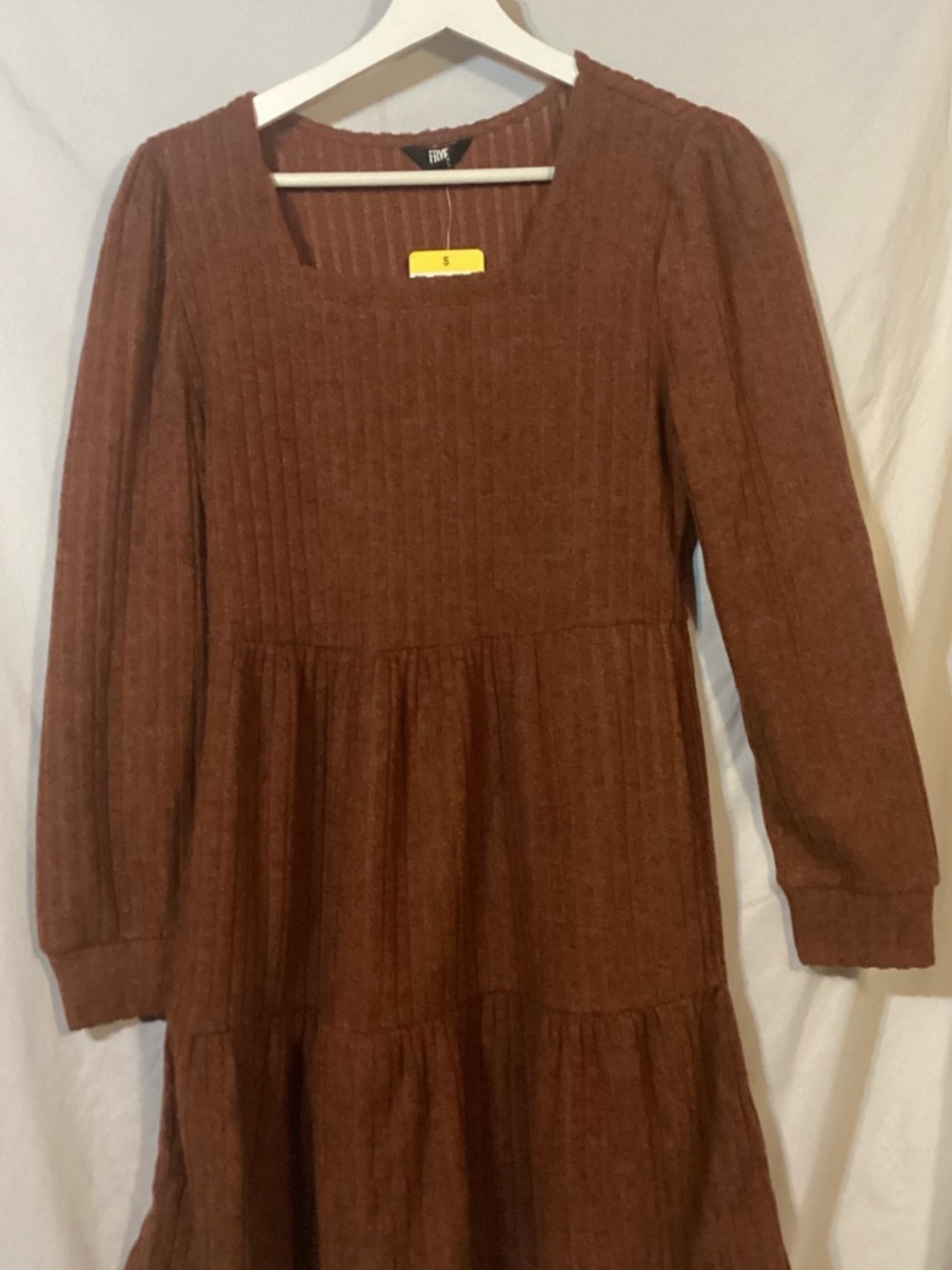 Frye Long-Sleeve Ribbed Knit Tiered Dress in Rust Brown